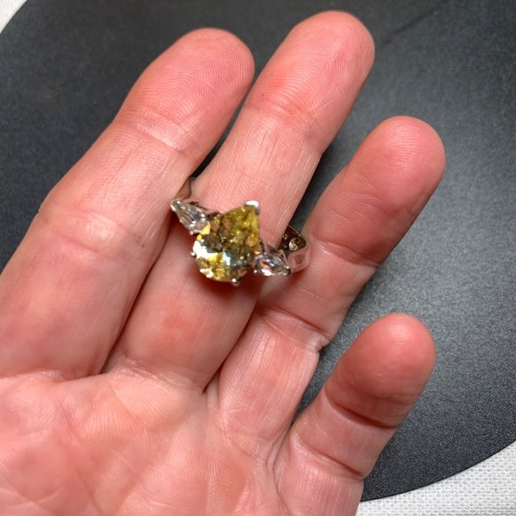 Sterling Silver 925 Pear Shape Yellow CZ Traditional Three Stone Ring, Size 9.75 - Picture 8 of 16